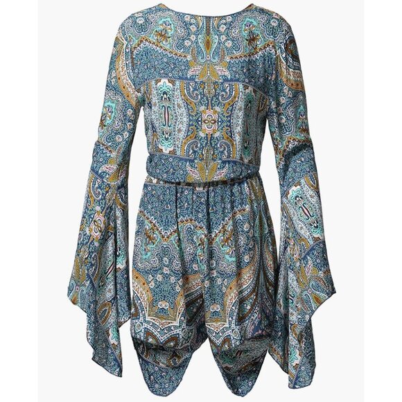 Boho Blue Paisley Printed V-Neck Tie Waist Cut Out Romper Playsuit Dress - Picture 5 of 7